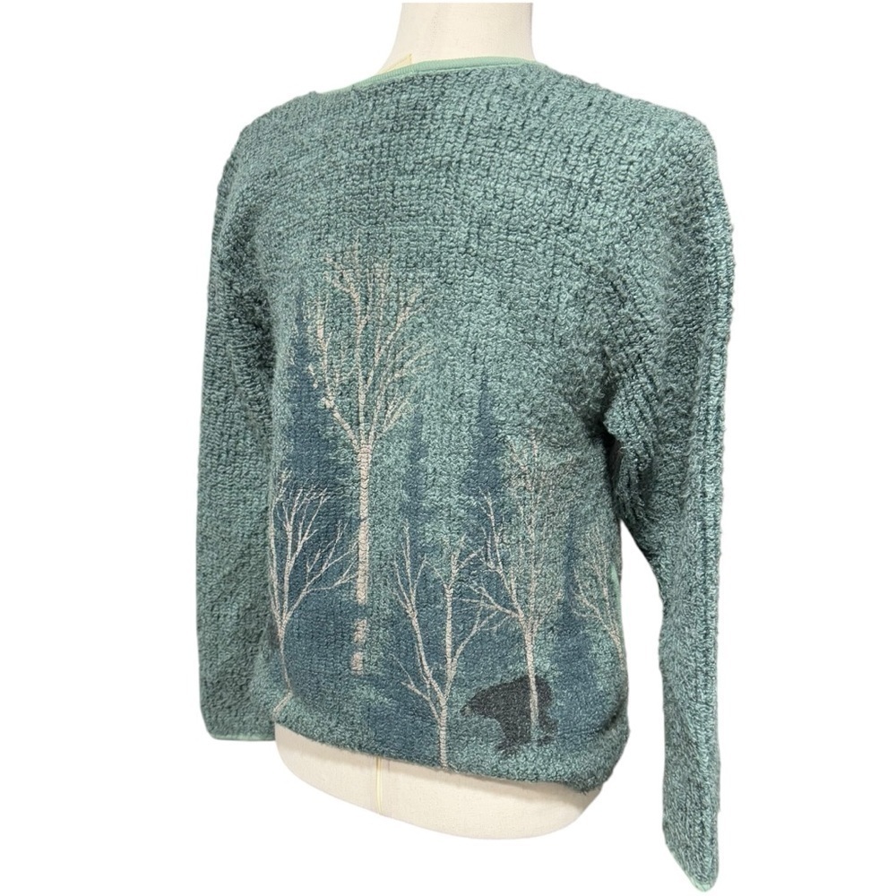 Artisans Forest Cabincore Cardigan Size S Bear Print Grandpa Green Kitschy Paint - Picture 8 of 13